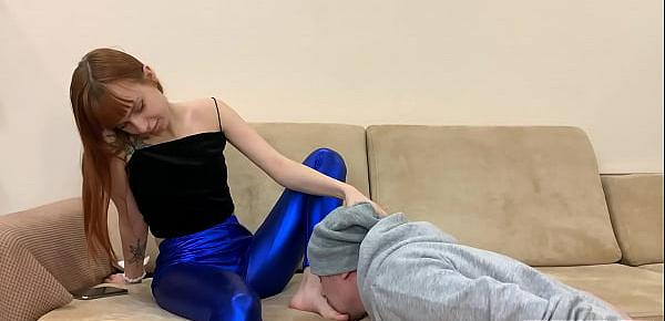 Real life style femdom petite mistress kira in blue leggings and her submissive boyfriend feet licking foot gagging and feet cleaning humiliation 906 Porn Videos